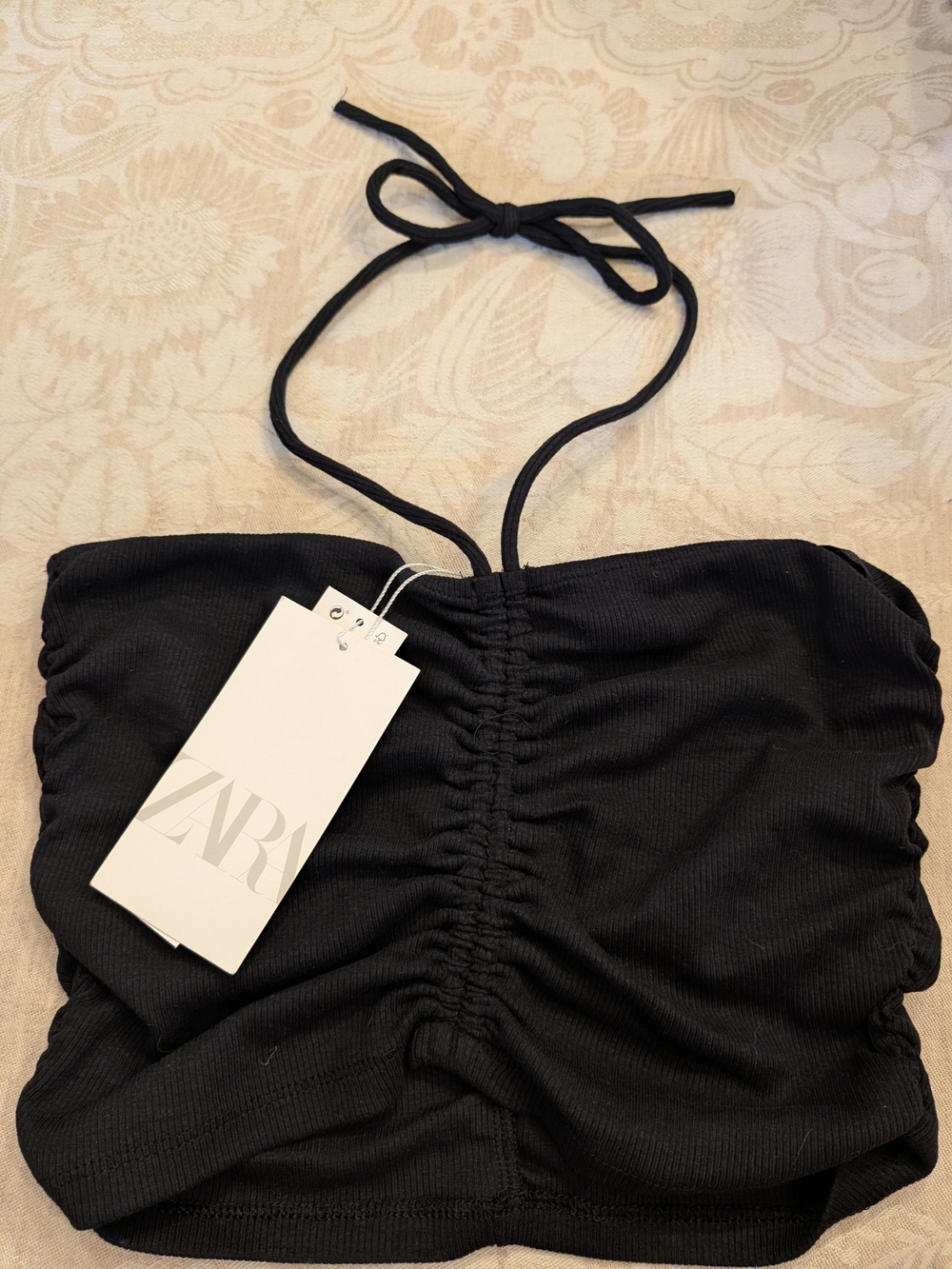 Zara Black Ribbed Ruched Halter Crop
